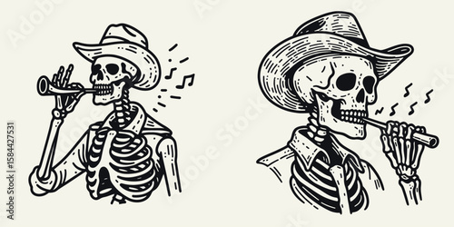 Skeleton as cowboy Whistling. Halloween Skull Bones Clipart Line Art Vector Illustration. Boney figure a cattleman emitting tune rural western icon.