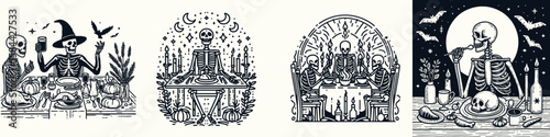 Skeleton at a Halloween feast. Skull Bones Clipart Line Art Vector Illustration. Bony figure party autumn celebration with spooky deceased one.