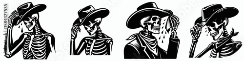 Skeleton as cowboy Wiping sweat from their brow. Halloween Skull Bones Clipart Line Art Vector Illustration. Bony gunslinger cleaning forehead perspiration western theme.