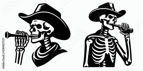 Skeleton as cowboy Whistling. Halloween Skull Bones Clipart Line Art Vector Illustration. Bony rancher tunes animation outlaw form artwork with cheerful sound.