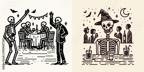 Skeleton at a Halloween party. Skull Bones Clipart Line Art Vector Illustration. Bony figure enjoys costume bash spooky fall holiday gathering.