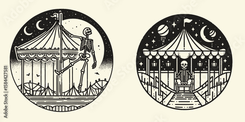 Skeleton at a spooky carnival. Halloween Skull Bones Clipart Line Art Vector Illustration. Bony figure frightening funfair seasonal festival of horror theme.