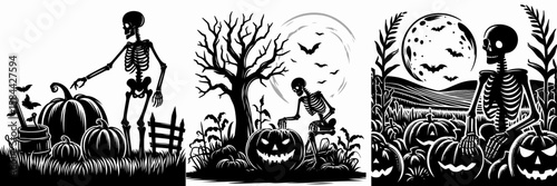 Skeleton at a pumpkin patch. Halloween Skull Bones Clipart Line Art Vector Illustration. Bony figure gourd farm autumn harvest fun.