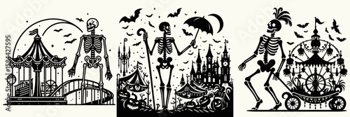 Skeleton at a spooky carnival. Halloween Skull Bones Clipart Line Art Vector Illustration. Bony figure frightening fairground attraction during holiday season.
