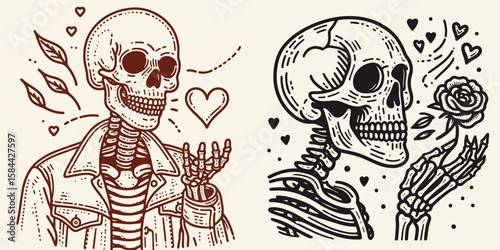 Skeleton blowing kisses Valentine. Halloween Skull Bones Clipart Line Art Vector Illustration. Bony figure sending love ideal for a heart day card or romantic greeting.