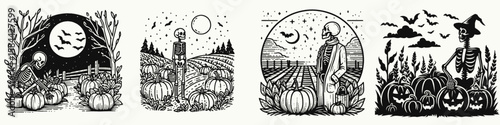 Skeleton at a pumpkin patch. Halloween Skull Bones Clipart Line Art Vector Illustration. Bony figure enjoys fall harvest area with orange gourd decoration.