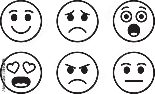 Six expressive faces smiling sad surprised in love angry neutral emoji expressions