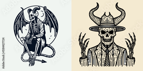 Skeleton dressed as a demon. Halloween Skull Bones Clipart Line Art Vector Illustration. Bony fiend costume spooky phantom in devil apparel for.