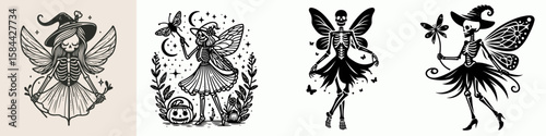 Skeleton dressed as a Halloween fairy. Skull Bones Clipart Line Art Vector Illustration. Bony frame in costume for spooky holiday with pixie concept.