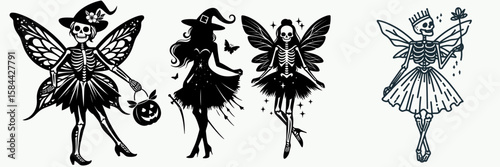 Skeleton dressed as a Halloween fairy. Skull Bones Clipart Line Art Vector Illustration. Bony figure in costume spooky sprite for holiday celebration.