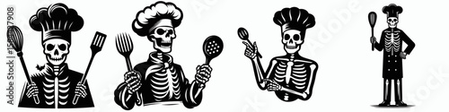 Skeleton dressed as a spooky chef. Halloween Skull Bones Clipart Line Art Vector Illustration. Bone guy in scary cook garb costume idea with culinary theme.