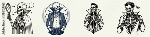 Skeleton dressed as a vampire. Halloween Skull Bones Clipart Line Art Vector Illustration. Bony phantom in night creature costume gothic celebration design.