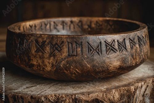 Carved wooden bowl adorned with rune symbols