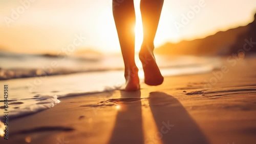 Barefoot Bliss: Serene Stroll on Golden Sand at Sunset for Wellness and Tranquility