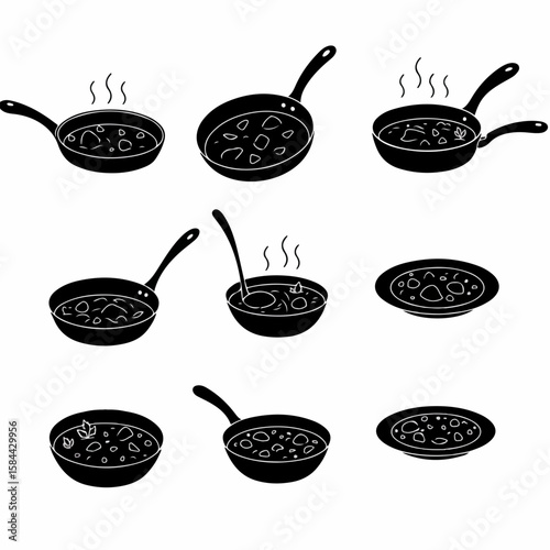 Monochrome illustrations of cooking pots, frying pans, and bowls filled with hot food, including stew or soup, suitable for kitchen and restaurant designs.