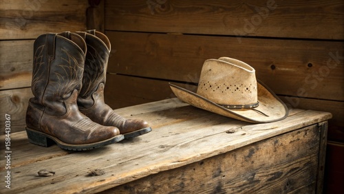 Western Boots and Hat Still Life Rustic Wooden Chest Composition, Cowboy Gear, Vintage, Western, Rustic ,Cowboy,Still Life