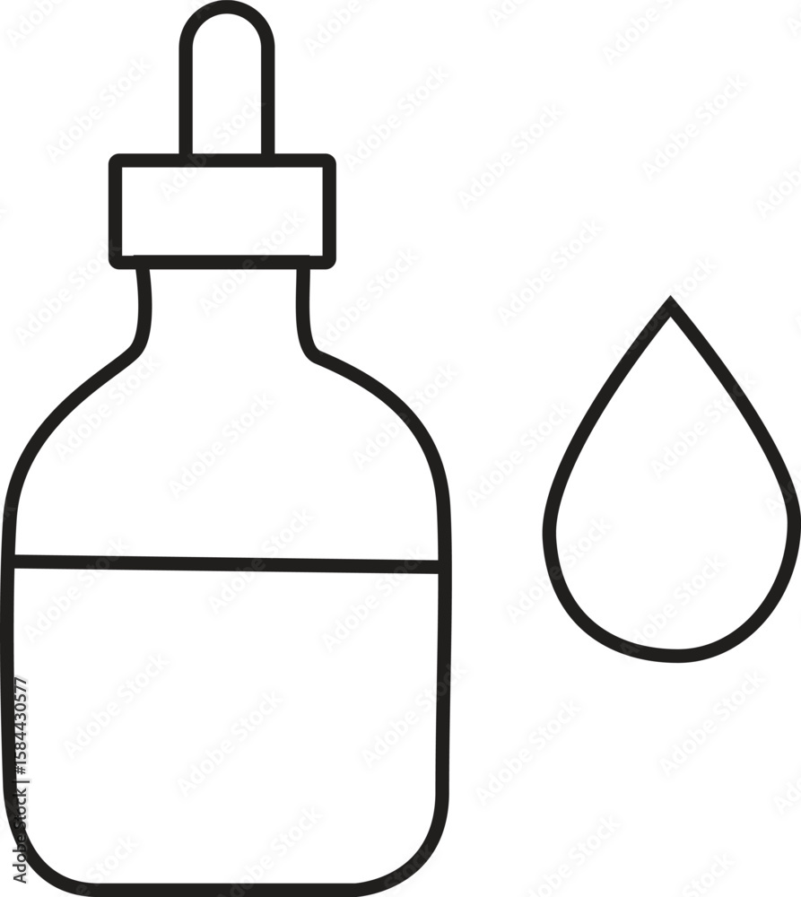 Fototapeta premium Minimalist Line Vector Icon of Serum Dropper Bottle with Liquid Drop for Skincare, Essential Oils, or Cosmetic Packaging Design