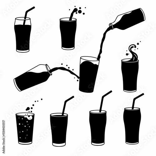 Graphic set of drink concepts: bottles pouring into glasses, effervescent liquid, and drinks with straws in black and white.
