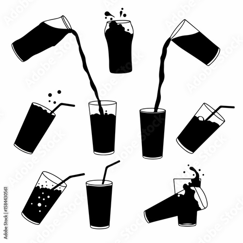 Black silhouette icons of drinks pouring, spilling, and in glasses with straws, depicting various beverage actions and states.