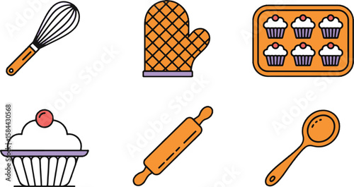 Whisk oven mitt cupcakes rolling pin spoon baking set vector