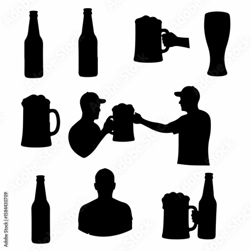 Collection of Beer Silhouettes: Bottles, Mugs, Glasses, and People Drinking and Serving Alcohol