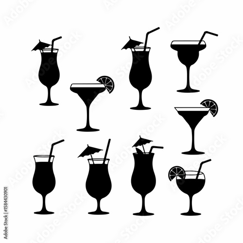 Collection of various black cocktail and tropical drink glass silhouettes with straws and garnishes on a white background.