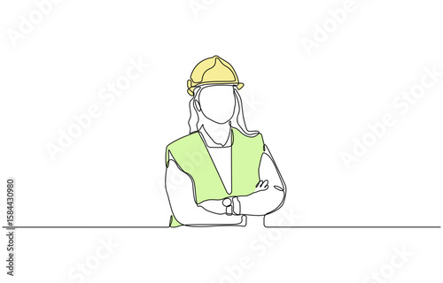 Continuous one line art drawing of female civil engineer vector illustration, Female construction worker, woman job professional industry helmet hat engineer one line drawing vector.
