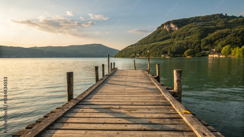 Fototapeta premium Wooden Dock at Sunset Over Lake, Landscape Photography, Serene Nature, Switzerland, Lake Como Lake, Switzerland