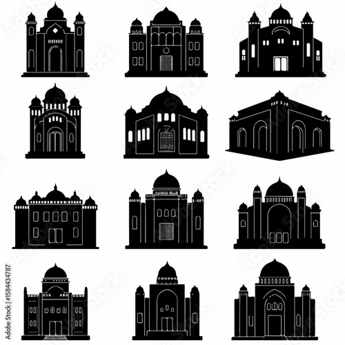 Collection of nine detailed black silhouettes showcasing various domed architectural styles, ideal for historical, religious, or travel-themed design projects.