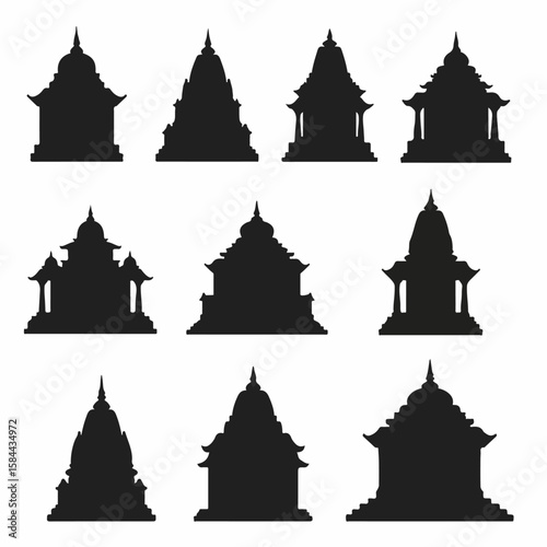 Collection of Buddhist and Hindu Temple Silhouettes, Featuring Traditional Asian Architectural Designs and Sacred Structures