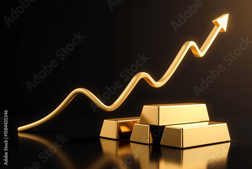 Golden 3D bar chart showing financial growth and market trends.