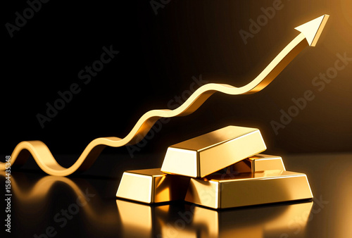 Golden 3D bar chart showing financial growth and market trends.