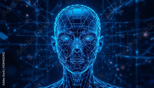 Embrace the future of AI identity and digital humans with this cybernetic wireframe face design ideal for tech-focused content