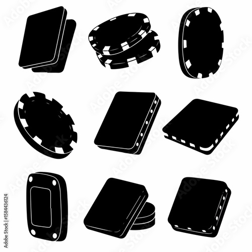 Monochrome silhouettes of casino poker chips and playing cards, perfect for gambling game design and vector iconography.