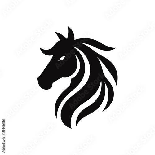 A stylized black silhouette of a horse's head, facing left, with a flowing mane and sharp, defined features.
