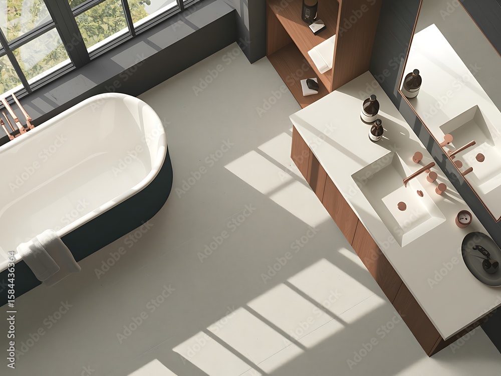 Fototapeta premium Elegant modern bathroom design featuring a freestanding bathtub and a double vanity with contemporary fixtures and warm wood accents creating a serene spa-like atmosphere bathed in natural light