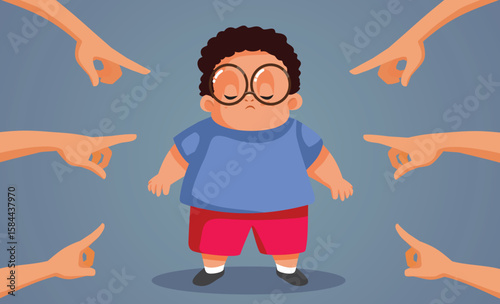 People Shaming an Overweight Child Pointing Fingers Vector Illustration. Sad unhappy kid feeling anxious about his weight gain
