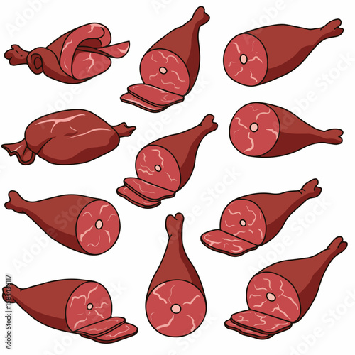 Cartoon Illustration of Various Meat Cuts and Ham Legs, Including Sliced and Whole Pieces, Ideal for Food and Culinary Designs.
