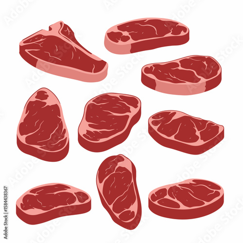 Various cuts of fresh raw red meat, including steaks and chops, presented as vector illustrations isolated on a white background.