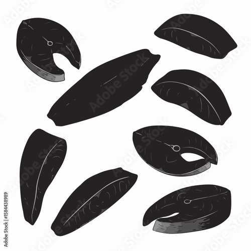 Vector Silhouettes of Fresh Fish Cuts: Steaks and Fillets for Seafood Design and Culinary Concepts