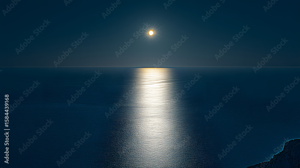 Fototapeta premium Moonlit Ocean View, Coastal Landscape Photography, Tranquil Atmosphere