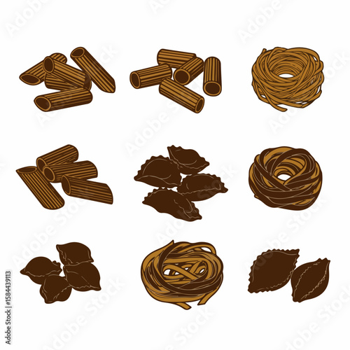 An assortment of classic and unique pasta varieties including penne, tagliatelle, and stuffed pasta, presented as a stylized illustration on a white background.