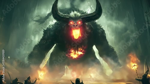 Demonic monster with glowing eyes and mouth, large horns, and fiery chest stands menacingly dark fantasy cave as group of armored warriors confront epic horned demon dramatic, fire lit battle scene