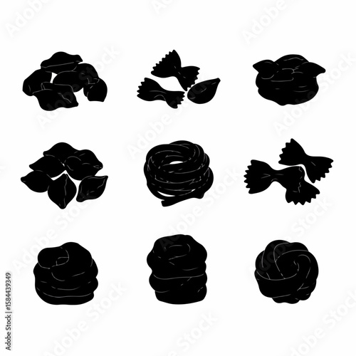 Collection of Black Silhouette Pasta Shapes on White Background