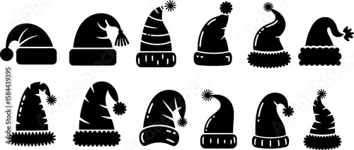 Black and white vector illustration of Santa Claus hats in various styles and angles with pom-poms