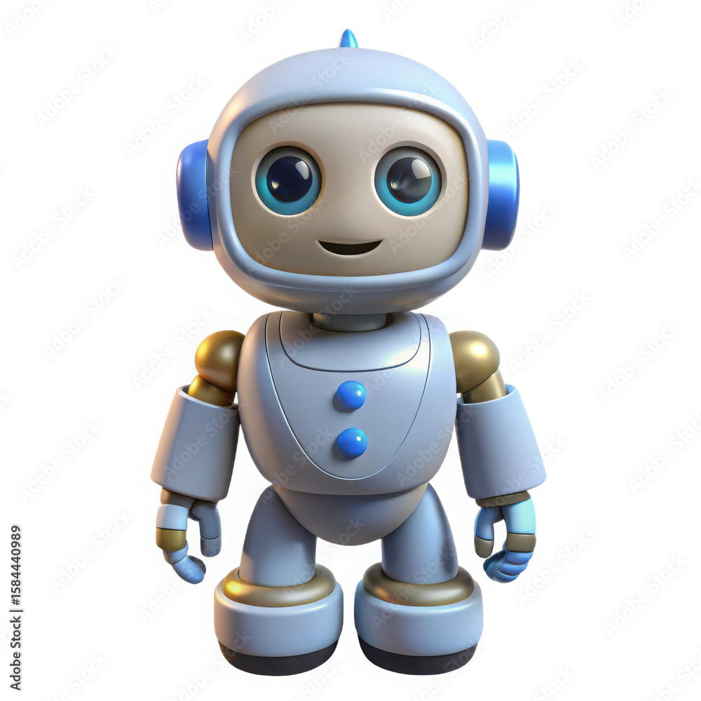 Cute friendly cartoon robot with big blue eyes and a happy smile Cute friendly cartoon robot with big blue eyes and a happy smile