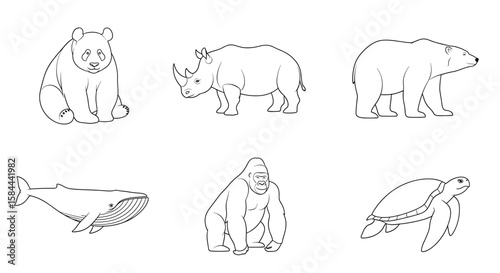 Line drawings featuring panda rhino bear whale gorilla and turtle in a neat arrangement of six animals