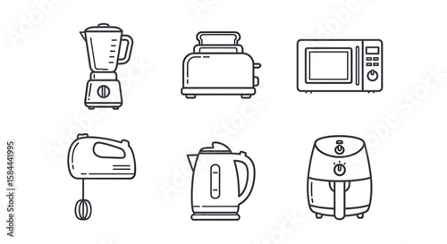 Outlined kitchen appliances including blender, toaster, microwave, mixer, kettle, and air fryer objects