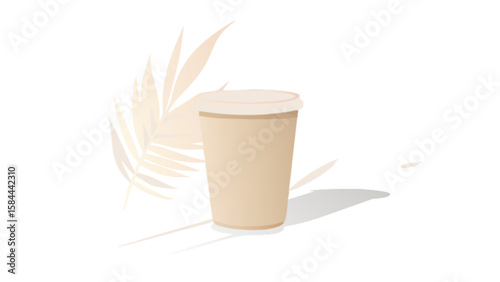 Beige coffee cup mockup with lid and palm leaf shadow for branding and product presentation design