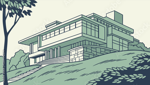 Find modern architecture house design illustration with landscape and nature elements for inspiration